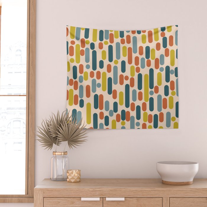 Morningside Heights Mid Century Modern Pattern in Steel Blue, Mustard, Orange, and Cream Tones Wall Tapestry Gallery Image 2