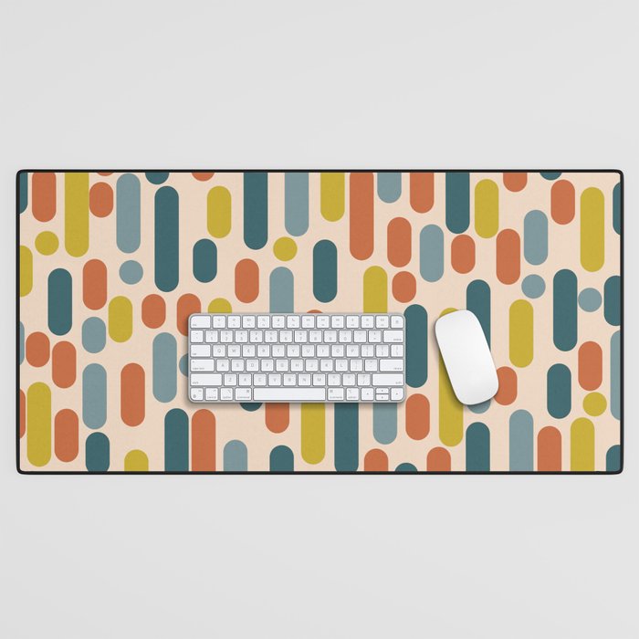 Morningside Heights Mid Century Modern Pattern in Steel Blue, Mustard, Orange, and Cream Tones Desk Mat Gallery Image 1