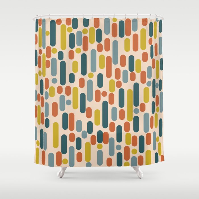 Morningside Heights Mid Century Modern Pattern in Steel Blue, Mustard, Orange, and Cream Tones Shower Curtain Gallery Image 1