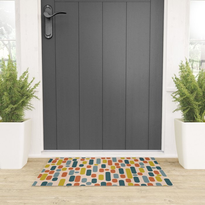 Morningside Heights Mid Century Modern Pattern in Steel Blue, Mustard, Orange, and Cream Tones Welcome Mat Gallery Image 3