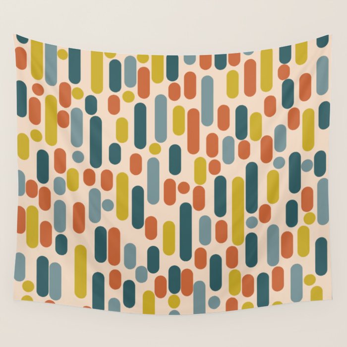 Morningside Heights Mid Century Modern Pattern in Steel Blue, Mustard, Orange, and Cream Tones Wall Tapestry Gallery Image 4