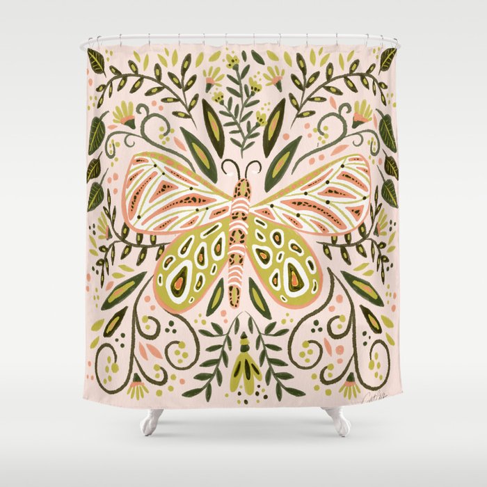Butterfly Symmetry - Blush & Lime Shower Curtain Gallery Image 1