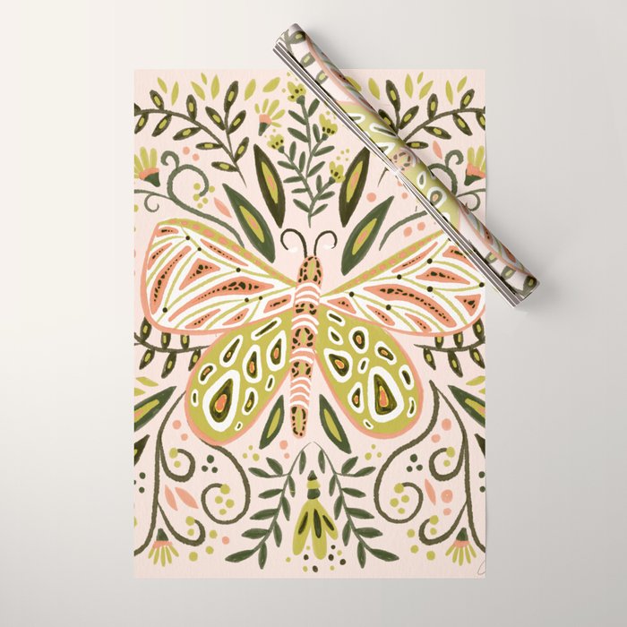 Butterfly Symmetry - Blush & Lime Wrapping Paper Gallery Image 1