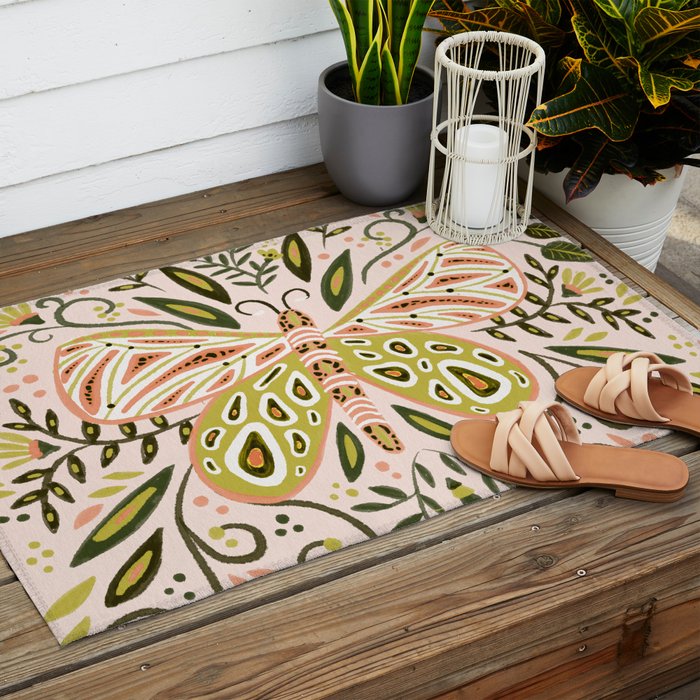 Butterfly Symmetry - Blush & Lime Outdoor Rug Gallery Image 2