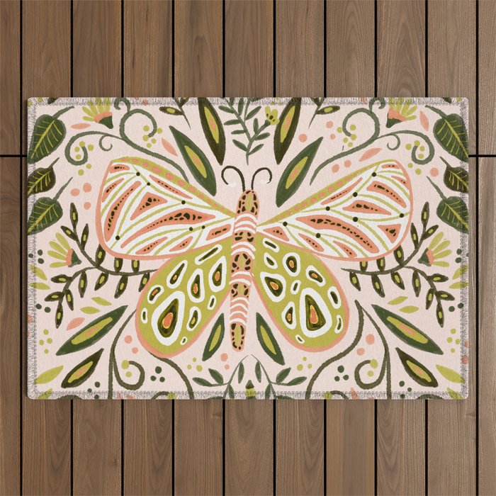 Butterfly Symmetry - Blush & Lime Outdoor Rug Gallery Image 1