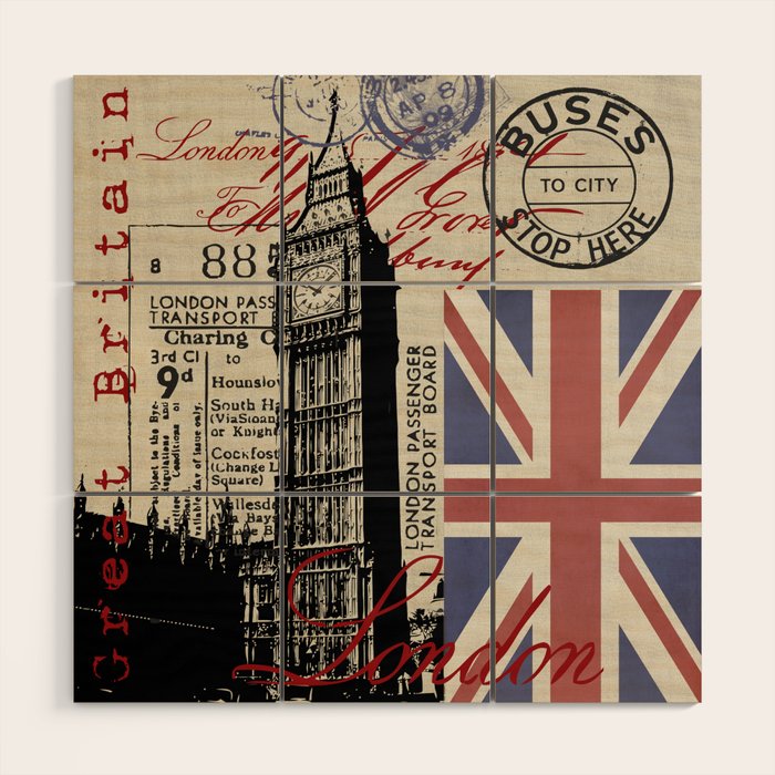 London Great Britain Big Ben Flag Collage Wood Wall Art Gallery Image 1
