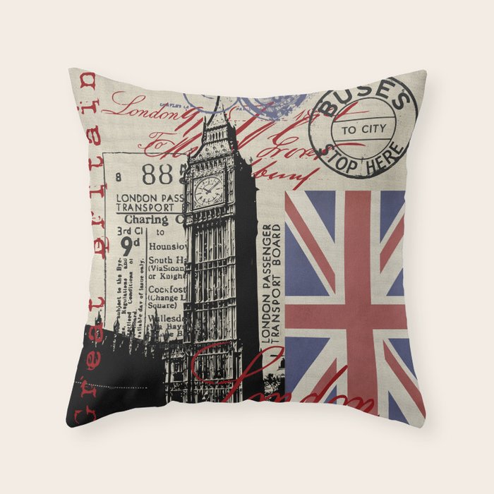London Great Britain Big Ben Flag Collage Throw Pillow Gallery Image 1