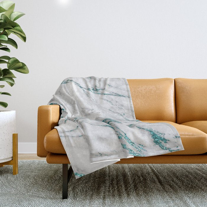 Gray Marble Aqua Teal Metallic Glitter Foil Style Throw Blanket Gallery Image 1