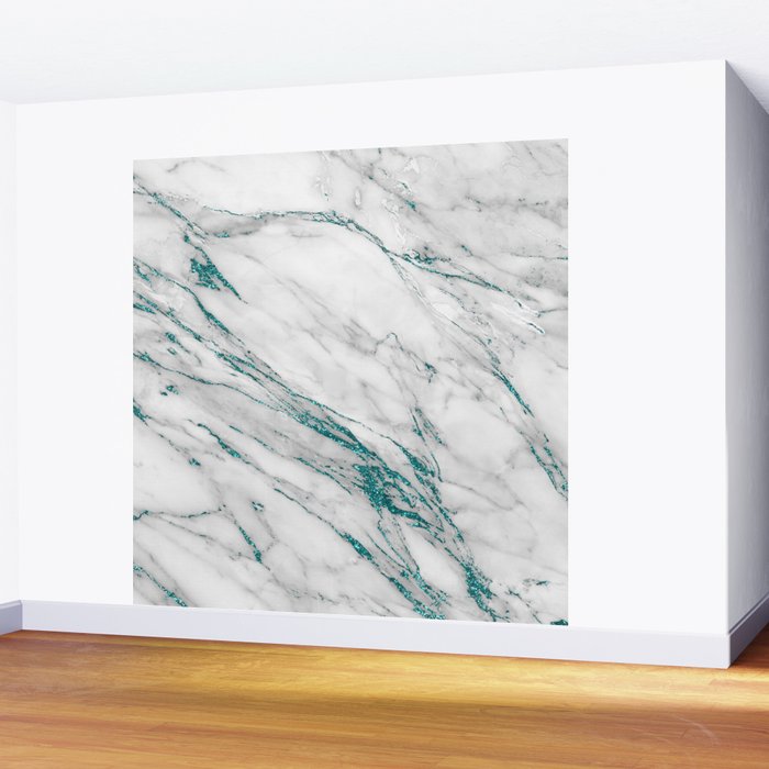 Gray Marble Aqua Teal Metallic Glitter Foil Style Wall Mural Gallery Image 2