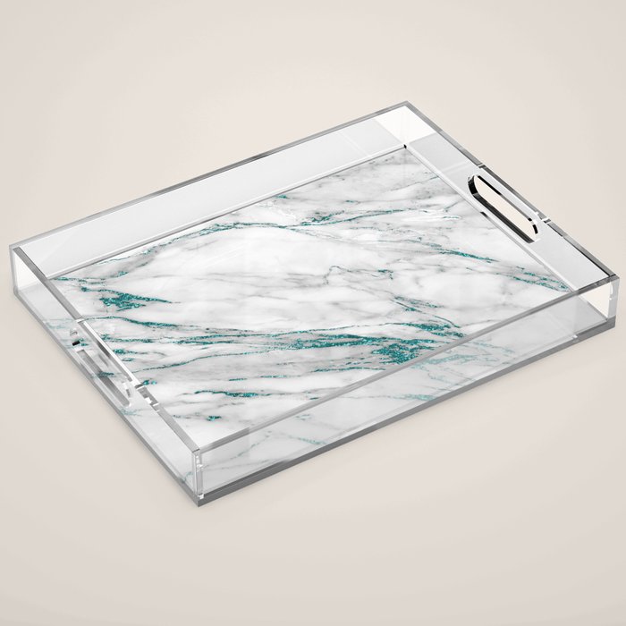 Gray Marble Aqua Teal Metallic Glitter Foil Style Acrylic Tray Gallery Image 1