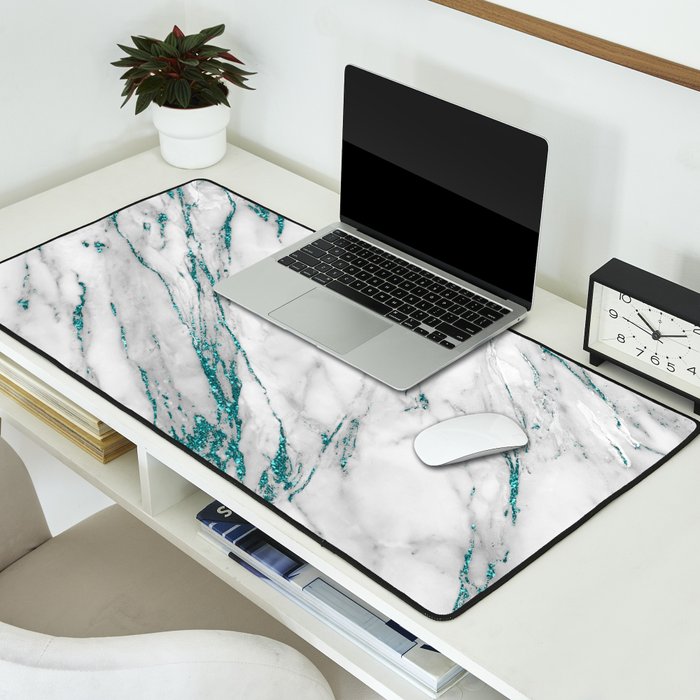 Gray Marble Aqua Teal Metallic Glitter Foil Style Desk Mat Gallery Image 2
