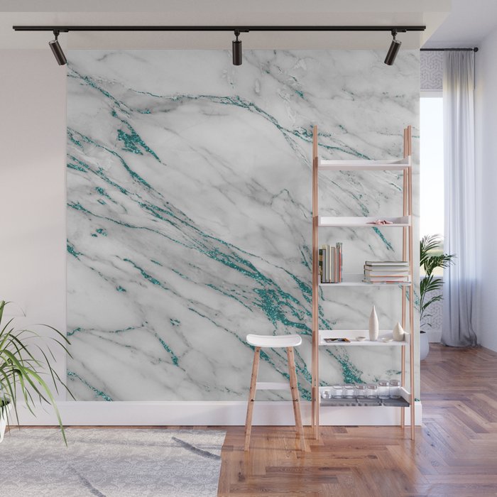 Gray Marble Aqua Teal Metallic Glitter Foil Style Wall Mural Gallery Image 1