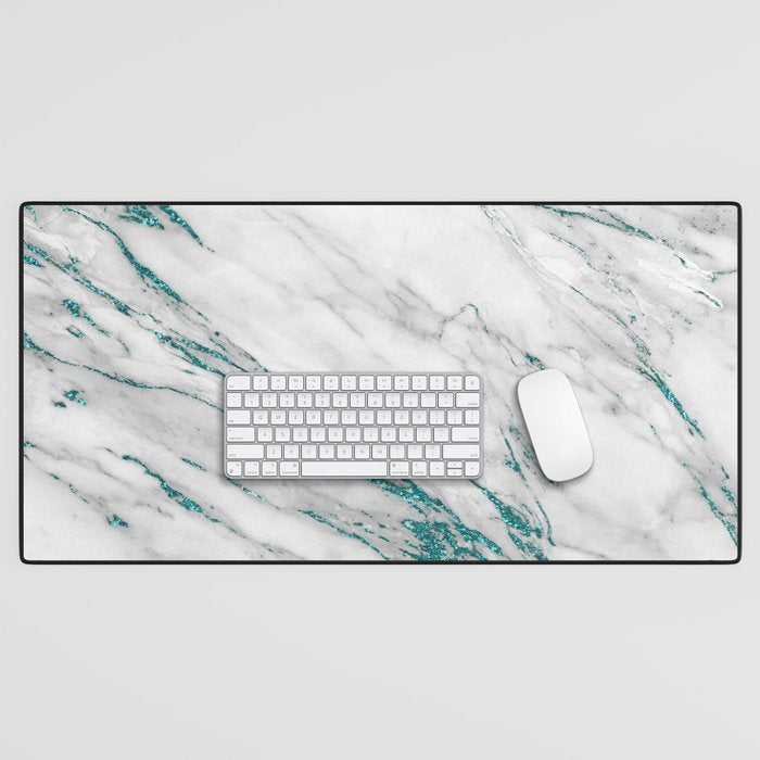 Gray Marble Aqua Teal Metallic Glitter Foil Style Desk Mat Gallery Image 1