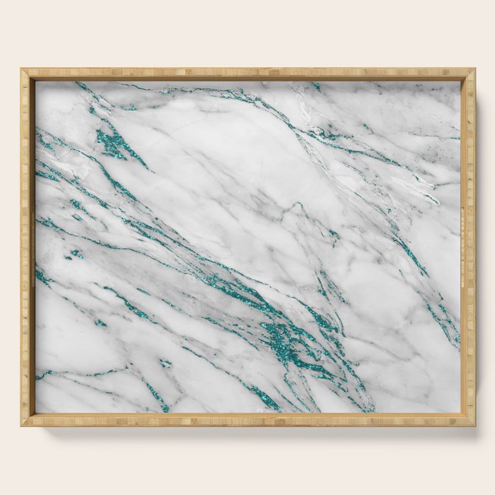 Gray Marble Aqua Teal Metallic Glitter Foil Style Serving Tray Gallery Image 1