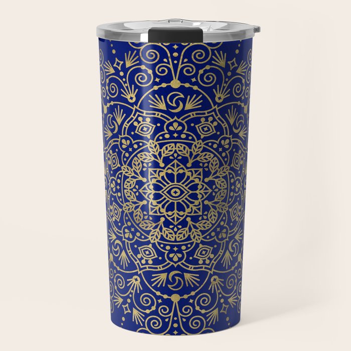 Moroccan Mandala - Gold Ink on Navy Travel Mug Gallery Image 1