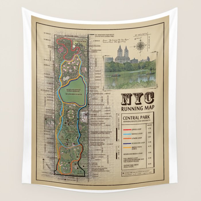 NYC's Central Park [Vintage Inspired] "San Remo" Running route map Wall Tapestry Gallery Image 4