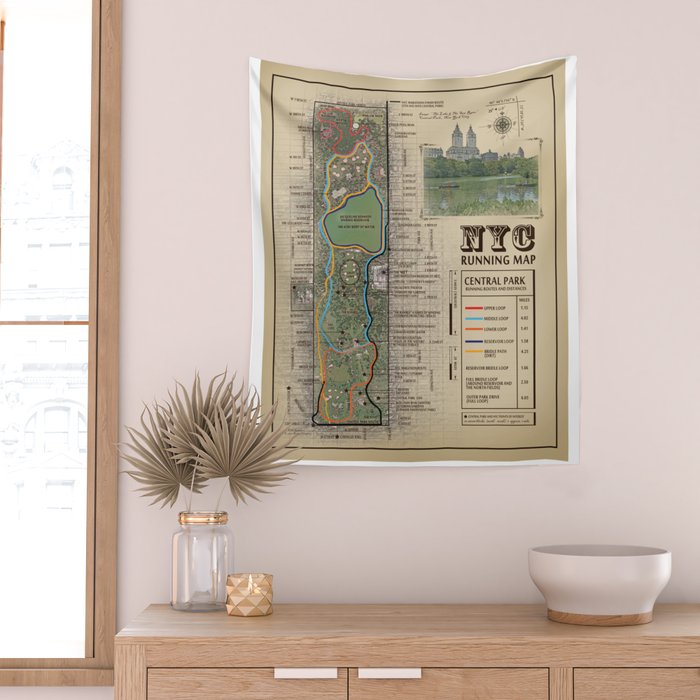 NYC's Central Park [Vintage Inspired] "San Remo" Running route map Wall Tapestry Gallery Image 2
