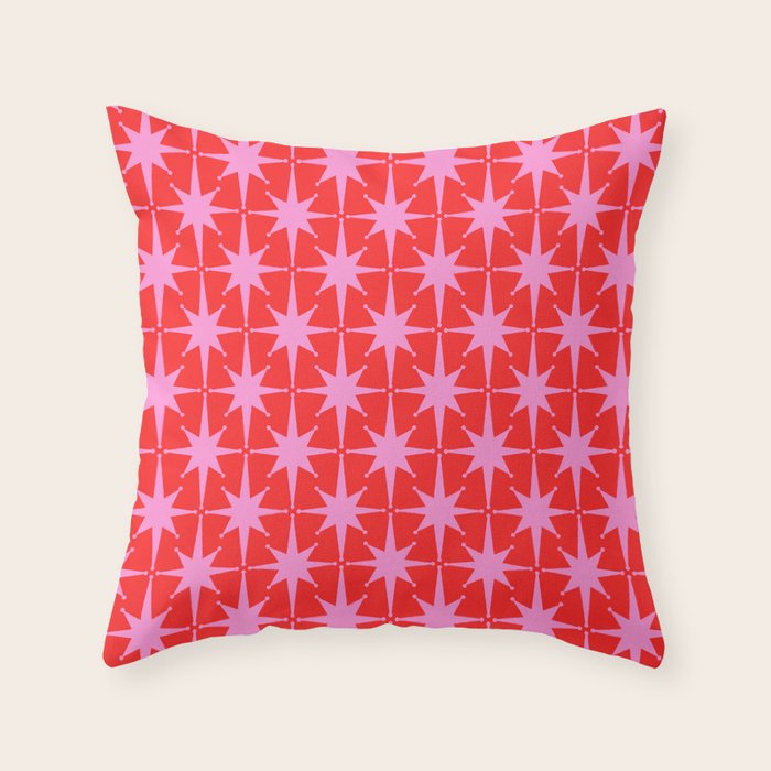 Atomic Stars Mid Century Modern Pattern in Preppy Pink and Red Throw Pillow Gallery Image 6