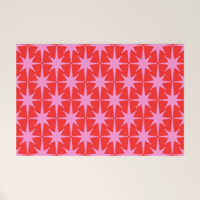 Atomic Stars Mid Century Modern Pattern in Preppy Pink and Red Welcome Mat Gallery Image 1