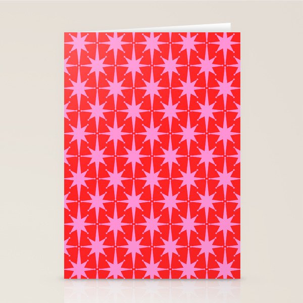 Atomic Stars Mid Century Modern Pattern in Preppy Pink and Red Stationery Card Gallery Image 2