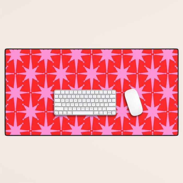 Atomic Stars Mid Century Modern Pattern in Preppy Pink and Red Desk Mat Gallery Image 1