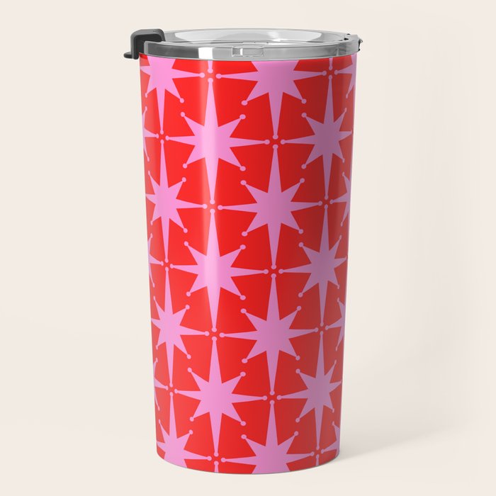 Atomic Stars Mid Century Modern Pattern in Preppy Pink and Red Travel Mug Gallery Image 3