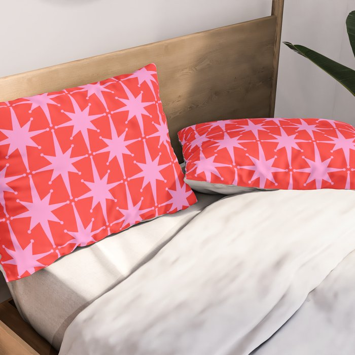 Atomic Stars Mid Century Modern Pattern in Preppy Pink and Red Pillow Sham Gallery Image 2