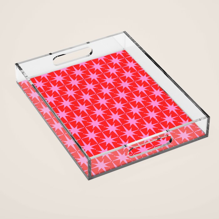 Atomic Stars Mid Century Modern Pattern in Preppy Pink and Red Acrylic Tray Gallery Image 1