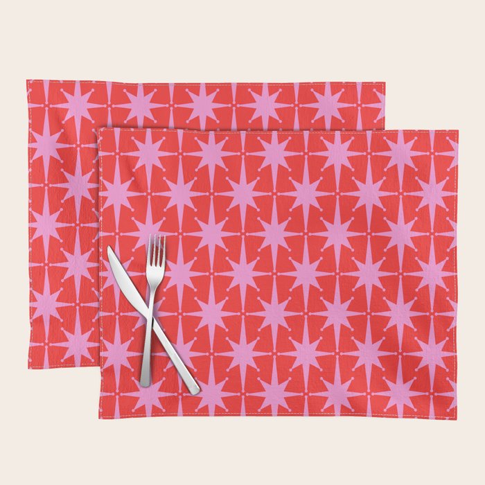 Atomic Stars Mid Century Modern Pattern in Preppy Pink and Red Placemat Gallery Image 1