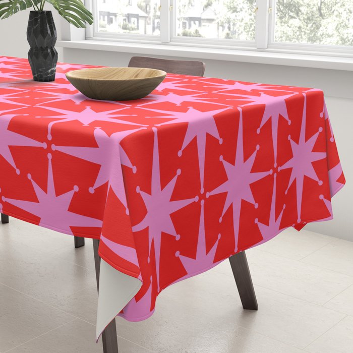 Atomic Stars Mid Century Modern Pattern in Preppy Pink and Red Tablecloth Gallery Image 3