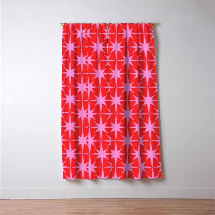 Atomic Stars Mid Century Modern Pattern in Preppy Pink and Red Window Curtain Gallery Image 3