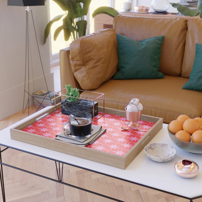 Atomic Stars Mid Century Modern Pattern in Preppy Pink and Red Serving Tray Gallery Image 2