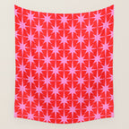 Atomic Stars Mid Century Modern Pattern in Preppy Pink and Red Wall Tapestry Gallery Image 4