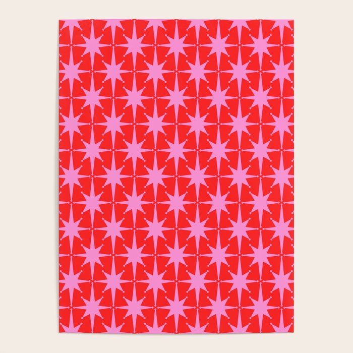 Atomic Stars Mid Century Modern Pattern in Preppy Pink and Red Poster Gallery Image 4