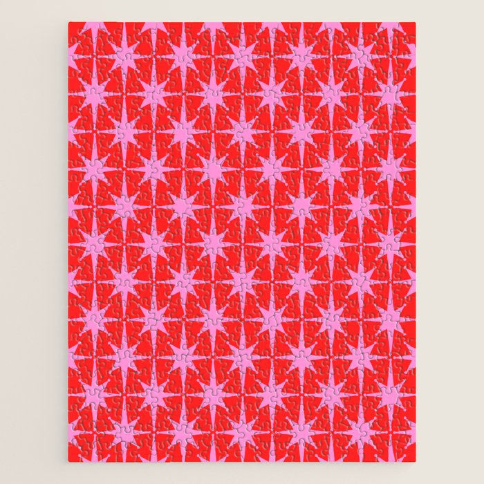 Atomic Stars Mid Century Modern Pattern in Preppy Pink and Red Jigsaw Puzzle Gallery Image 1