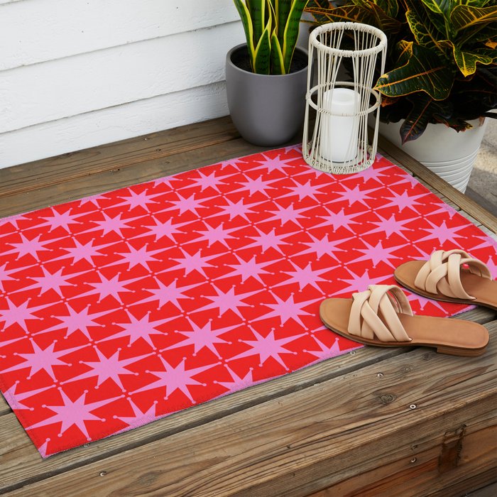 Atomic Stars Mid Century Modern Pattern in Preppy Pink and Red Outdoor Rug Gallery Image 2