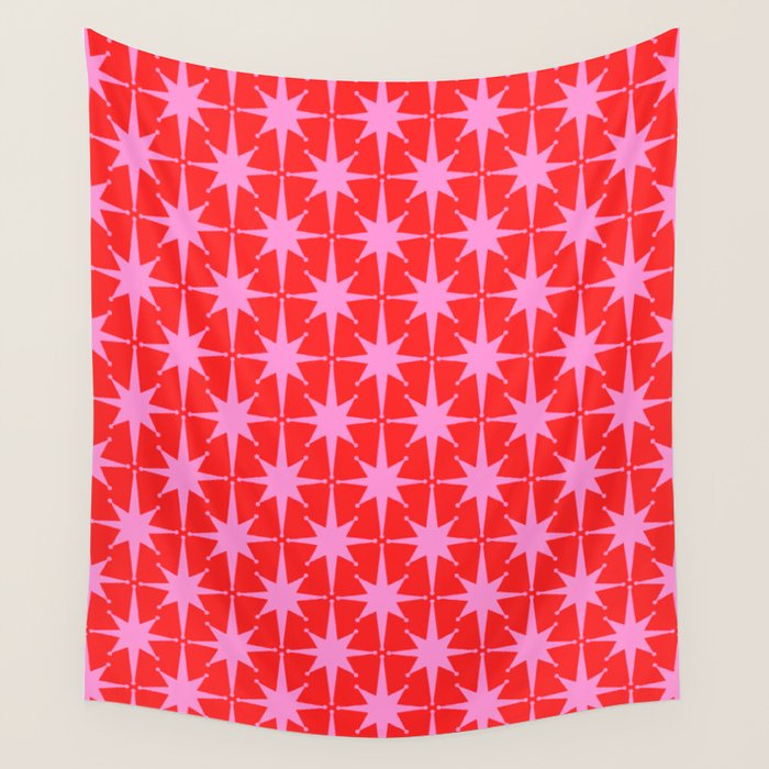 Atomic Stars Mid Century Modern Pattern in Preppy Pink and Red Wall Tapestry Gallery Image 1