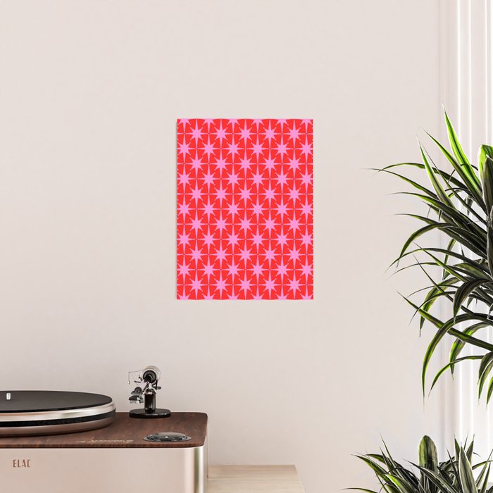 Atomic Stars Mid Century Modern Pattern in Preppy Pink and Red Poster Gallery Image 2