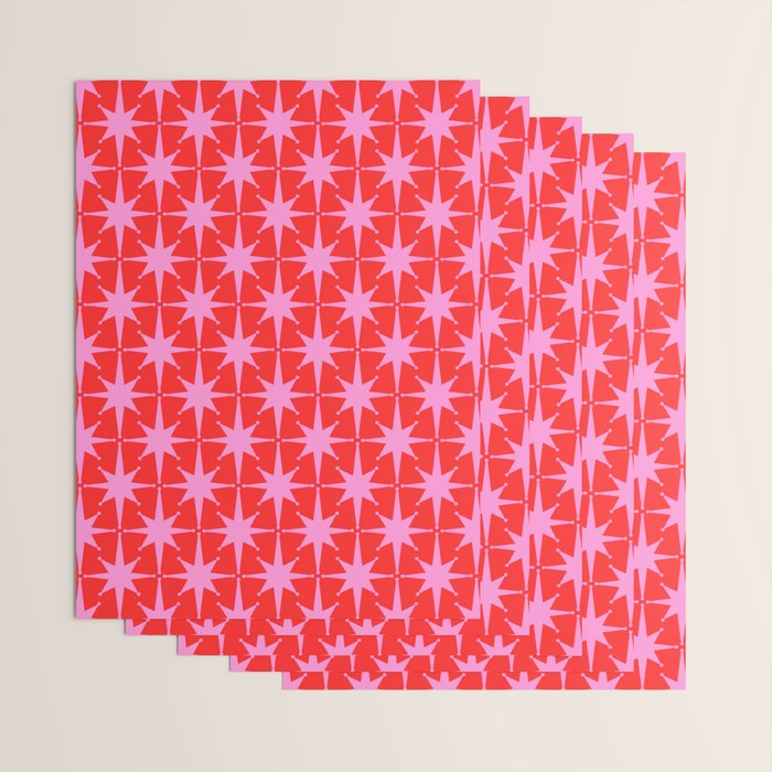 Atomic Stars Mid Century Modern Pattern in Preppy Pink and Red Wrapping Paper Gallery Image 3