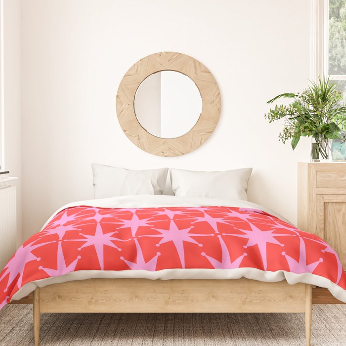 Atomic Stars Mid Century Modern Pattern in Preppy Pink and Red Duvet Cover Gallery Image 3