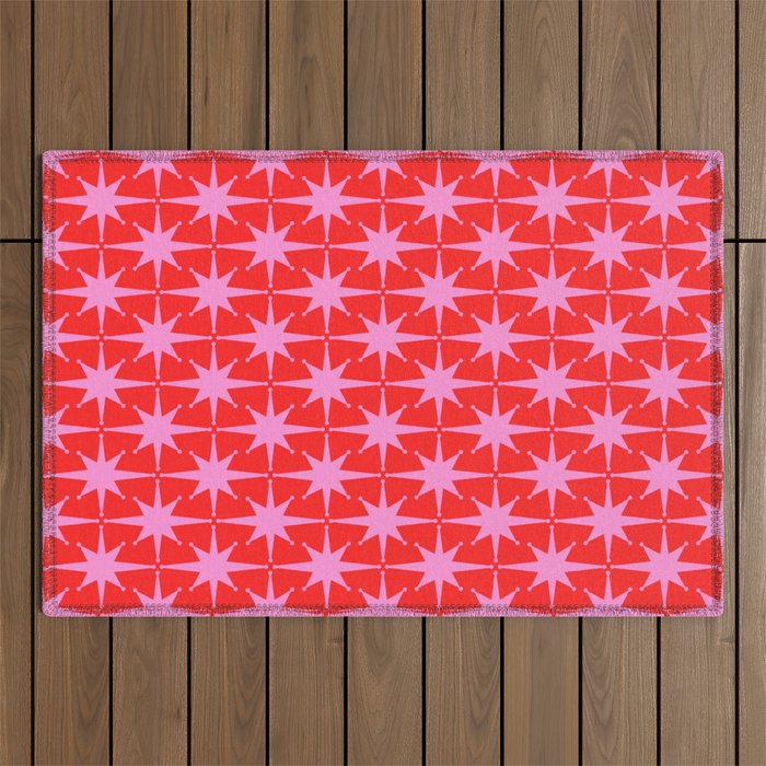 Atomic Stars Mid Century Modern Pattern in Preppy Pink and Red Outdoor Rug Gallery Image 1