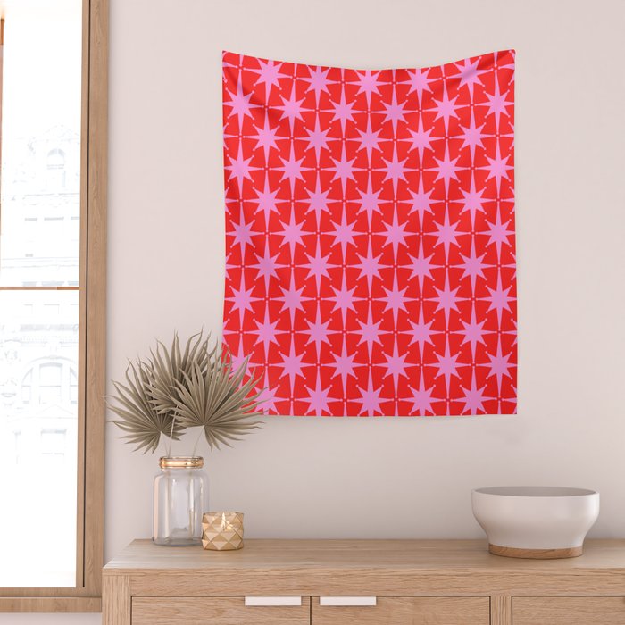 Atomic Stars Mid Century Modern Pattern in Preppy Pink and Red Wall Tapestry Gallery Image 2