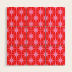 Atomic Stars Mid Century Modern Pattern in Preppy Pink and Red Wood Wall Art Gallery Image 1