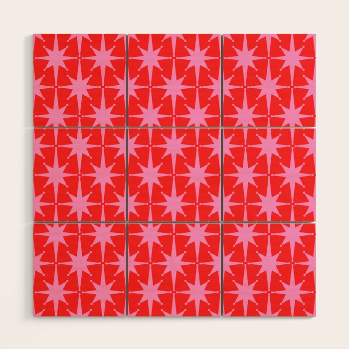 Atomic Stars Mid Century Modern Pattern in Preppy Pink and Red Wood Wall Art Gallery Image 1