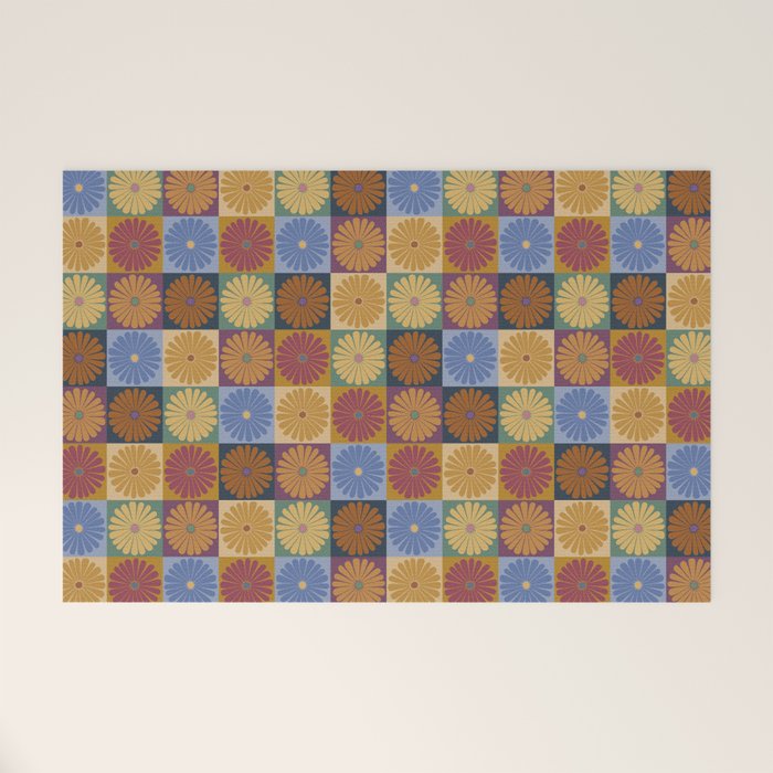 Retro Flowers Check Pattern XII Welcome Mat Gallery Image 1