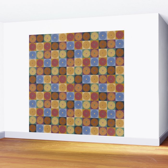 Retro Flowers Check Pattern XII Wall Mural Gallery Image 2