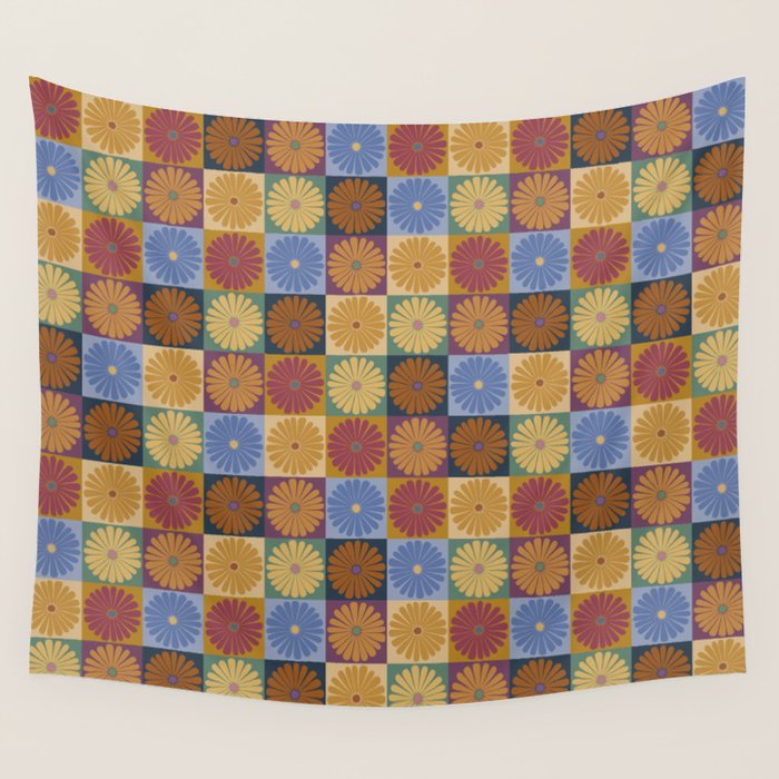 Retro Flowers Check Pattern XII Wall Tapestry Gallery Image 4