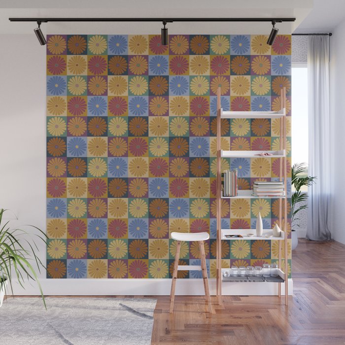 Retro Flowers Check Pattern XII Wall Mural Gallery Image 1