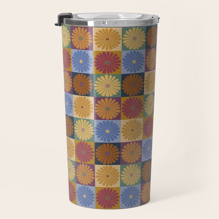 Retro Flowers Check Pattern XII Travel Mug Gallery Image 3