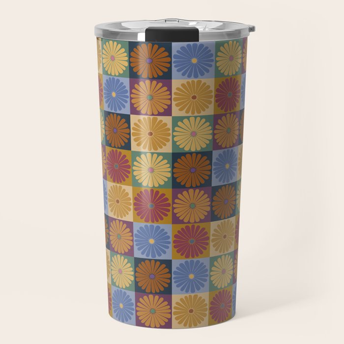 Retro Flowers Check Pattern XII Travel Mug Gallery Image 1